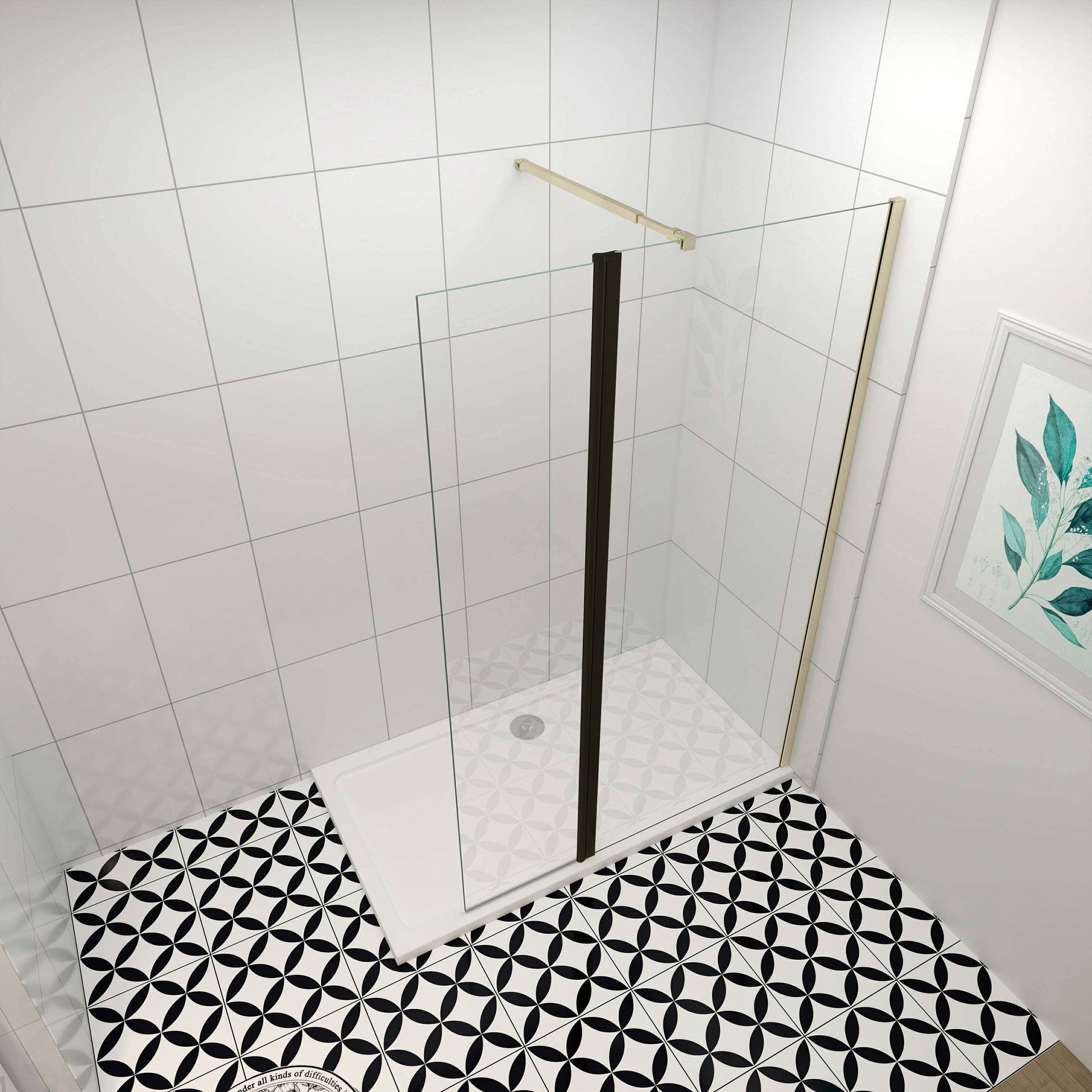 Mampara de ducha fija + lateral (50-160+30)x200cm - Oro Cepillado - Cristal templado 8mm antical - Barra 73-120/70-120/N-forma:90/F forma:90cm - Perfil aluminio dorado -Pivote negro