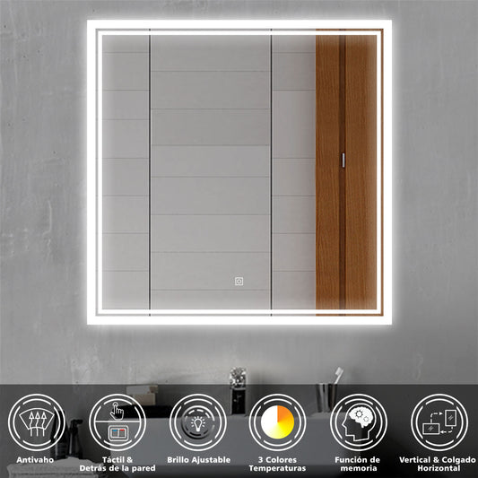 Aica Espejo de baño LED 80×80cm, antivaho, brillo regulable, función memoria