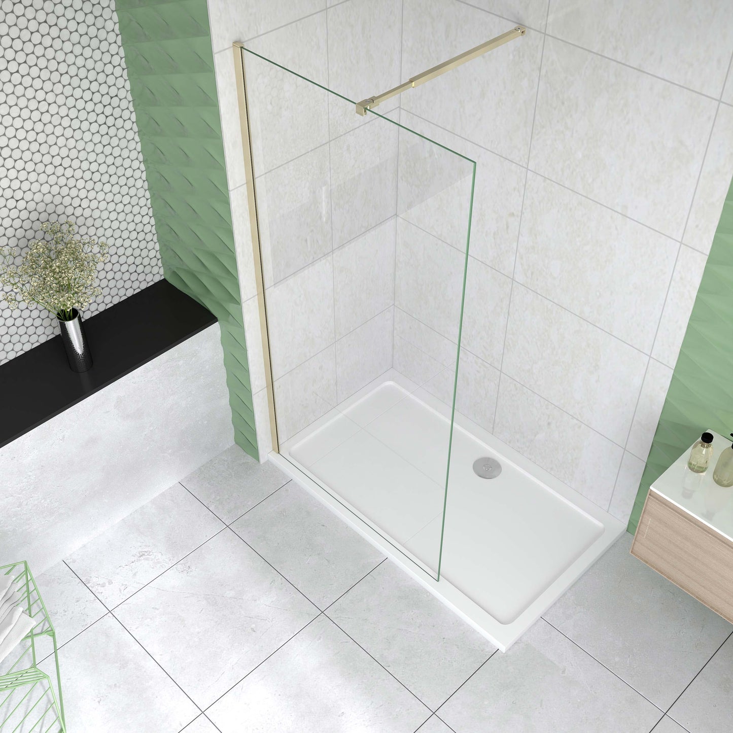 Mampara de ducha fija 50-160cm - Oro Cepillado - Cristal templado 8mm antical - Alto 200cm - Barra 73-120/70-120/N-forma:90/F-forma:90cm - Perfil aluminio dorado - Reversible