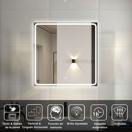 Aica LED Espejo de baño 80×80cm,Luminosidad regulable,Antivaho,Luz blanca 6000k