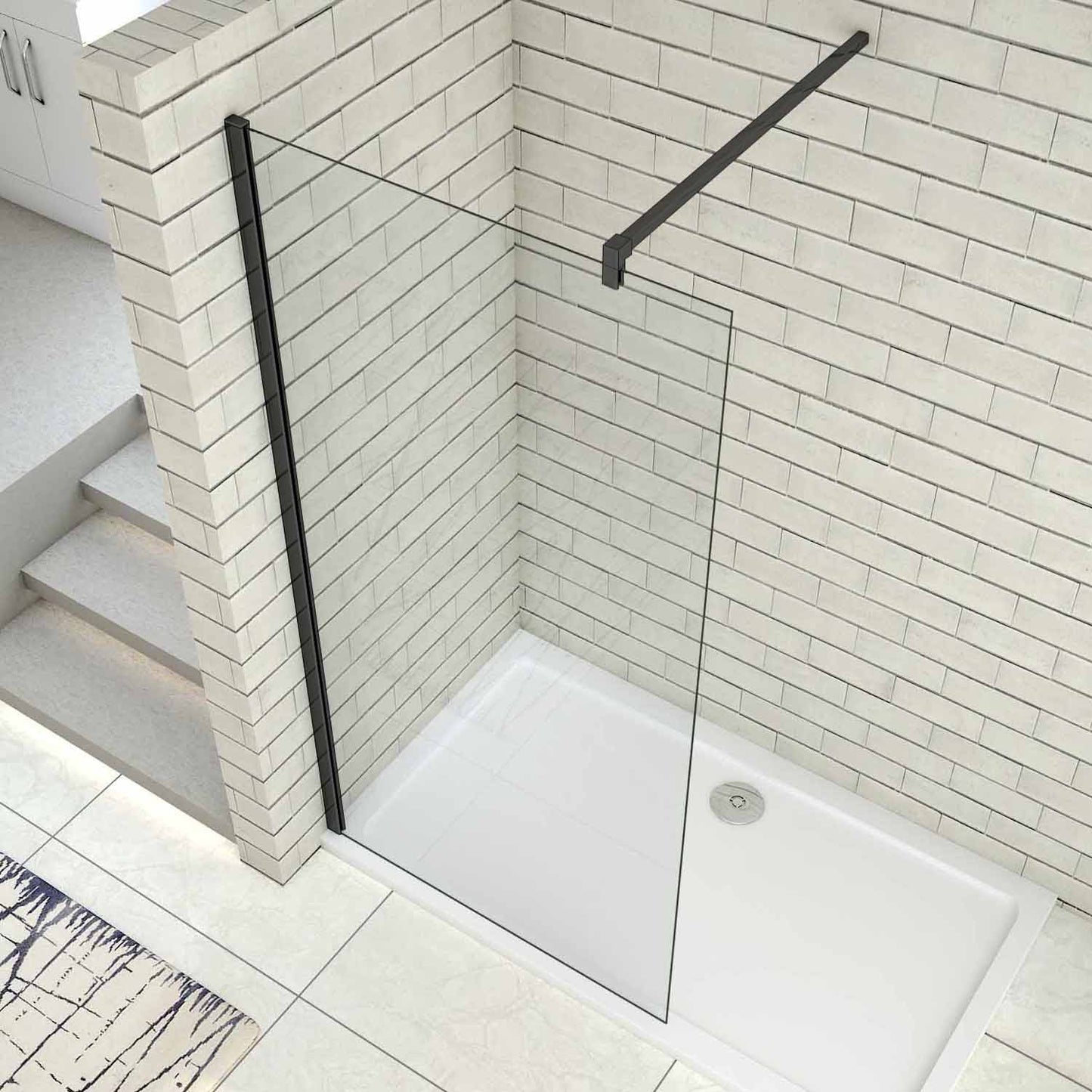 AICA Walk in Mampara de ducha frontal 1 hoja sin marco exterior, Cristal templado antical 5mm con Barra 140cm,Perfil Negro Mate,(680-700)x1900mm/(780-800)x1900mm