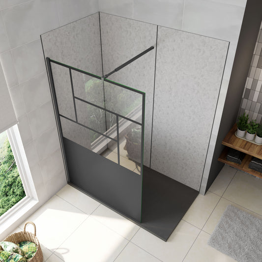 AICA Walkin Mampara Panel de ducha Pantalla Panel Fijo estilo industrial Cristal Antical 8mm con Barra 73-120cm Perfil Negro Mate,(877-900)x2000mm/(977-1000)x2000mm/(1177-1200)x2000mm