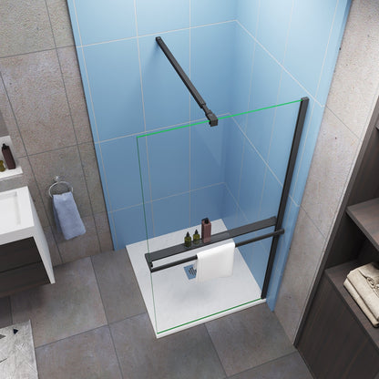 AICA Mampara de ducha fija negra con estante-80/100/140x200cm-Vidrio Templado Antical 8mm-Barra ajustable 73-120/70-120/N:90/N:140/F:90/F:140cm-Perfil Negro Mate