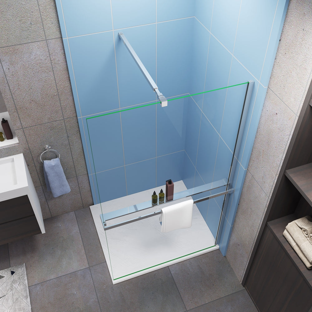 AICA Mampara de ducha fija con estante-100/140x200cm-Vidrio Templado Antical 8mm-Barra ajustable 73-120/70-120/N:90/N:140/F:90/F:140cm-Perfil Cromado