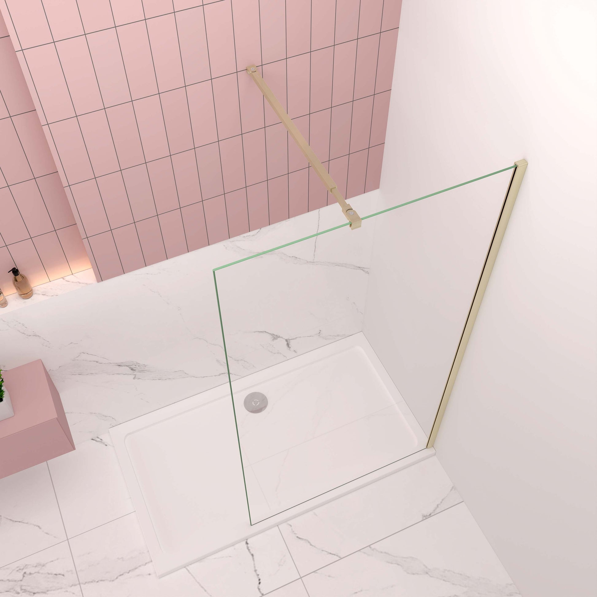Mampara fija de ducha 80-120 cm (Alto 200 cm) | Cristal de 8 mm con película antiexplosión, perfilería de aluminio y barra 73-120/70-120/N-forma:90/F forma:90 cm - Oro Cepillado