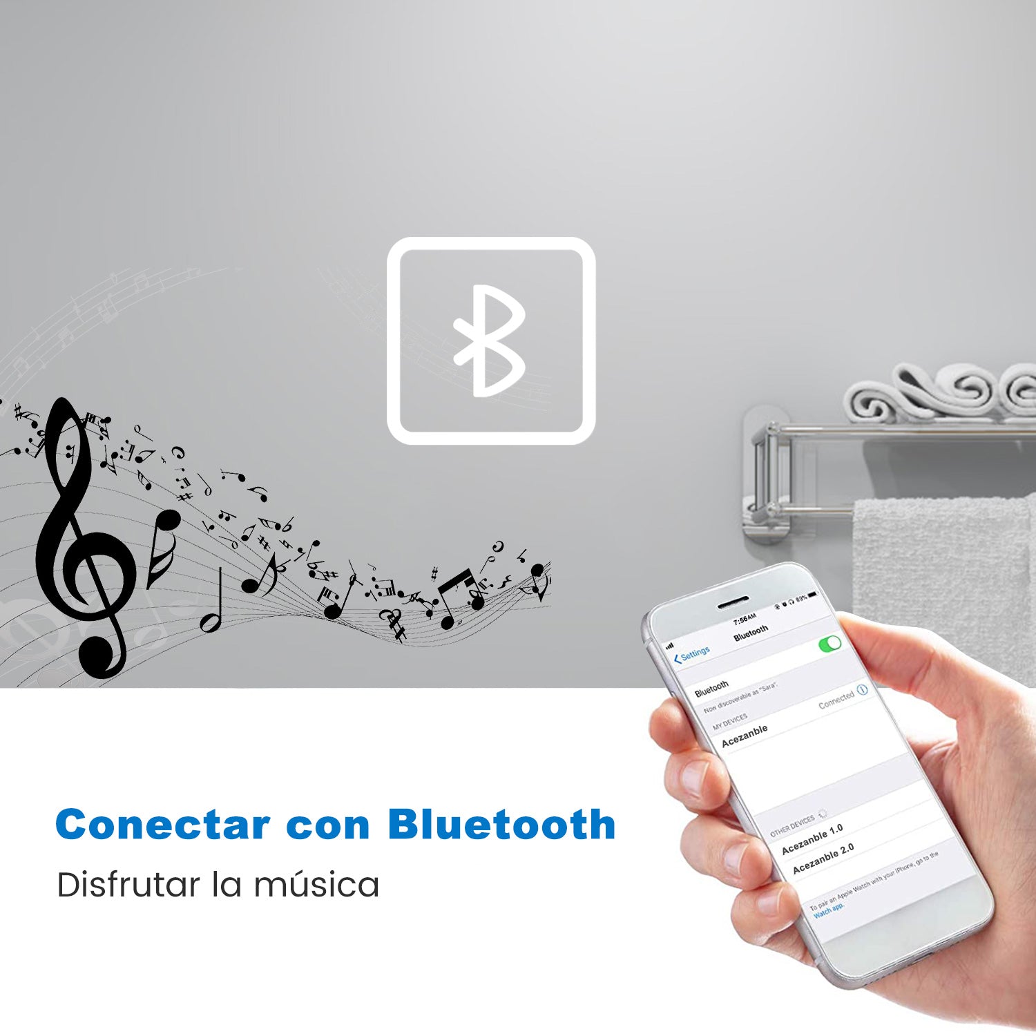 Aica Espejo de baño LED,Bluetooth,Espejo de aumento，Tricolor regulable