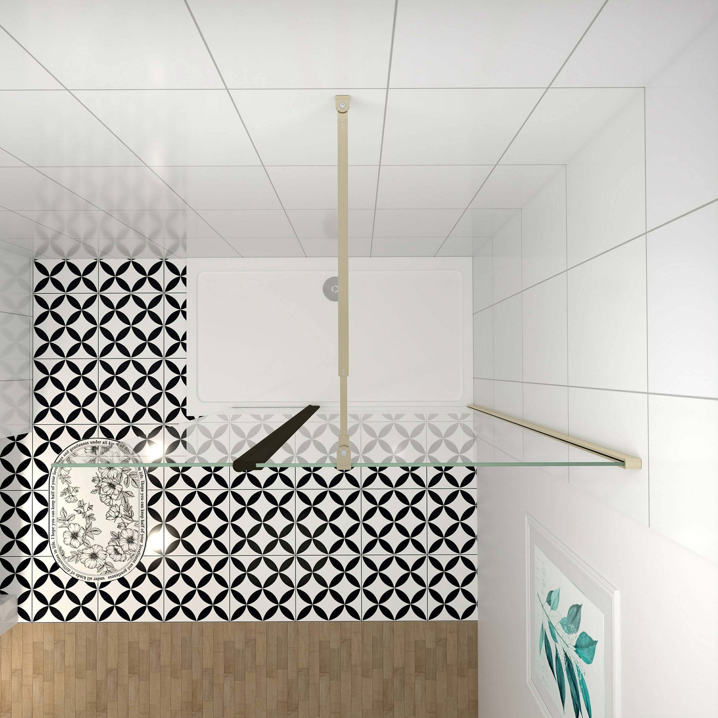 Mampara de ducha fija + lateral (50-160+40)x200cm - Oro Cepillado - Cristal templado 8mm antical - Barra 73-120/70-120/N-forma:90/F forma:90cm - Perfil aluminio dorado -Pivote negro