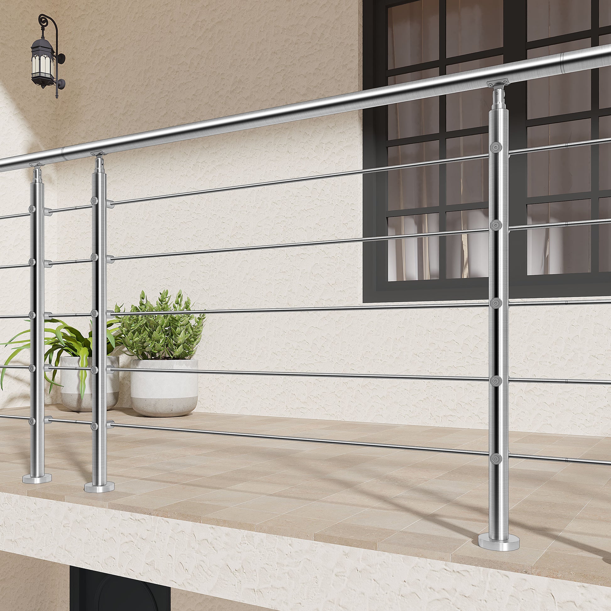 AICA Barandilla escalera de acero inoxidable 80/100/120/150/180/200/220/240 cm con 5 barras transversales para interior