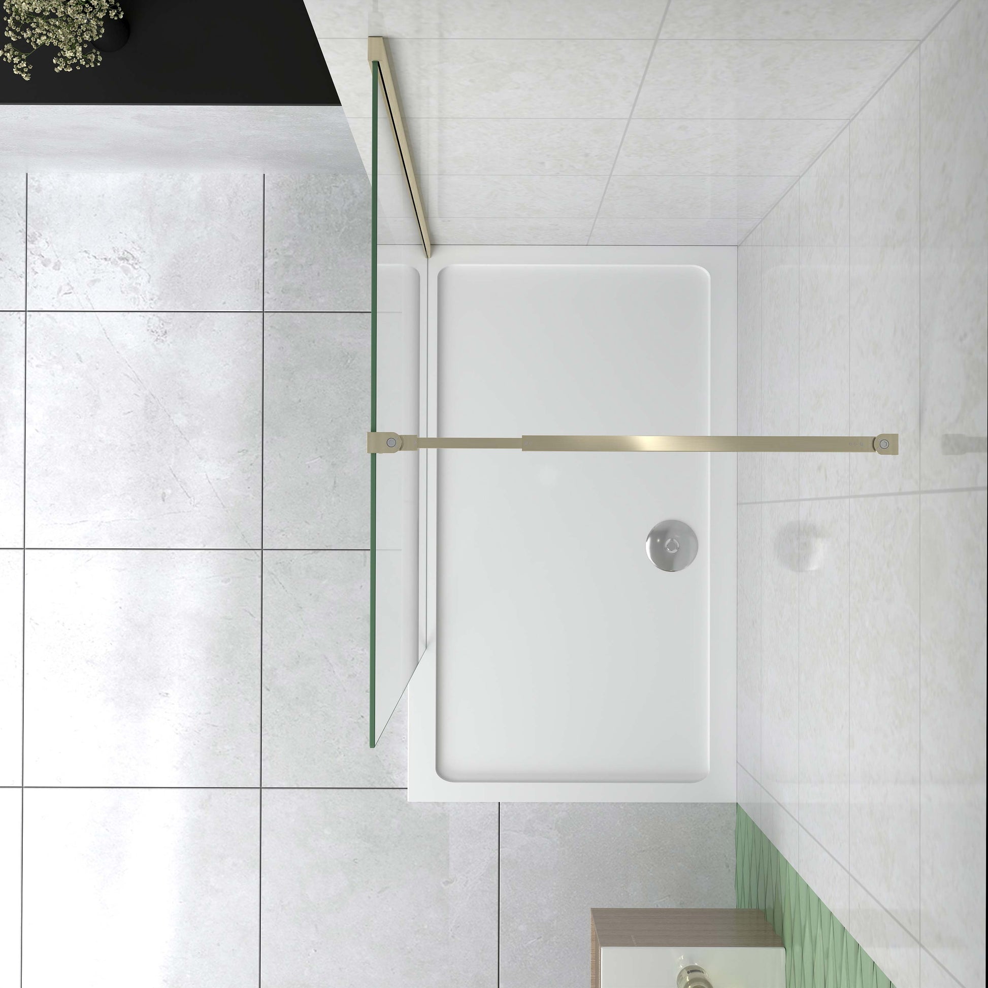 Mampara de ducha fija 50-160cm - Oro Cepillado - Cristal templado 8mm antical - Alto 200cm - Barra 73-120/70-120/N-forma:90/F-forma:90cm - Perfil aluminio dorado - Reversible