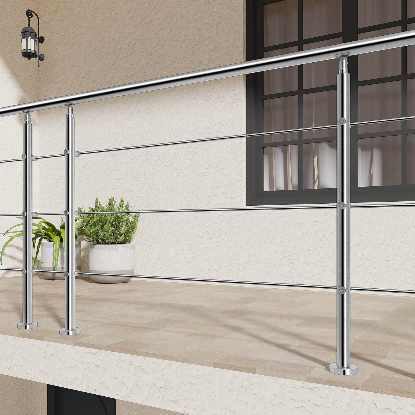 AICA Barandilla escalera de acero inoxidable 80/100/120/150/180/200/220/240 cm con 3 barras transversales para interior