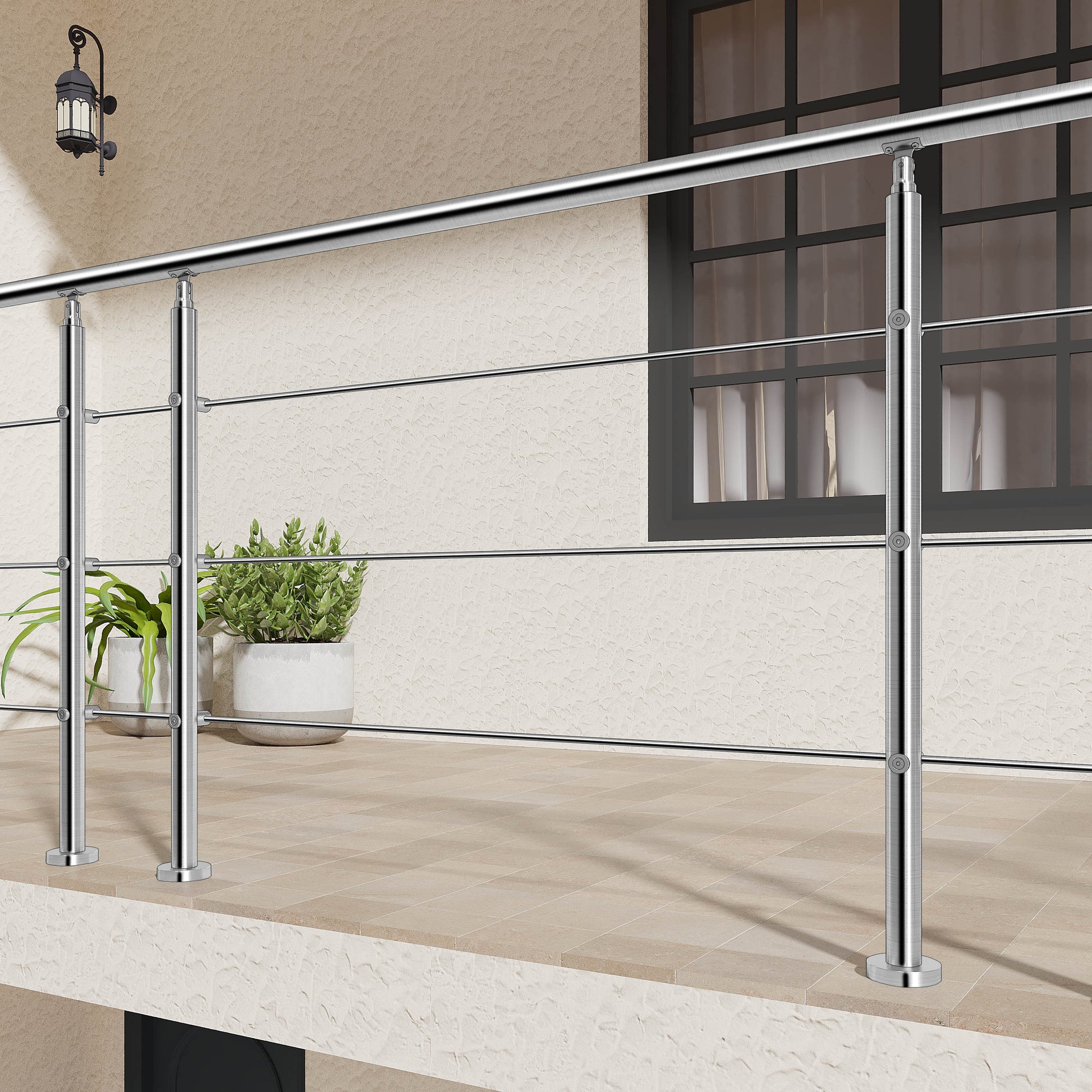 AICA Barandilla escalera de acero inoxidable 80/100/120/150/180/200/220/240 cm con 3 barras transversales para interior
