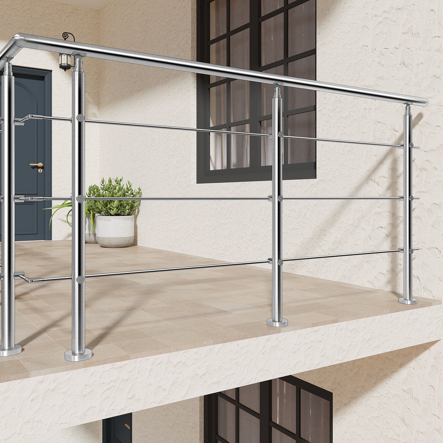 AICA Barandilla escalera de acero inoxidable 80/100/120/150/180/200/220/240 cm con 3 barras transversales para interior