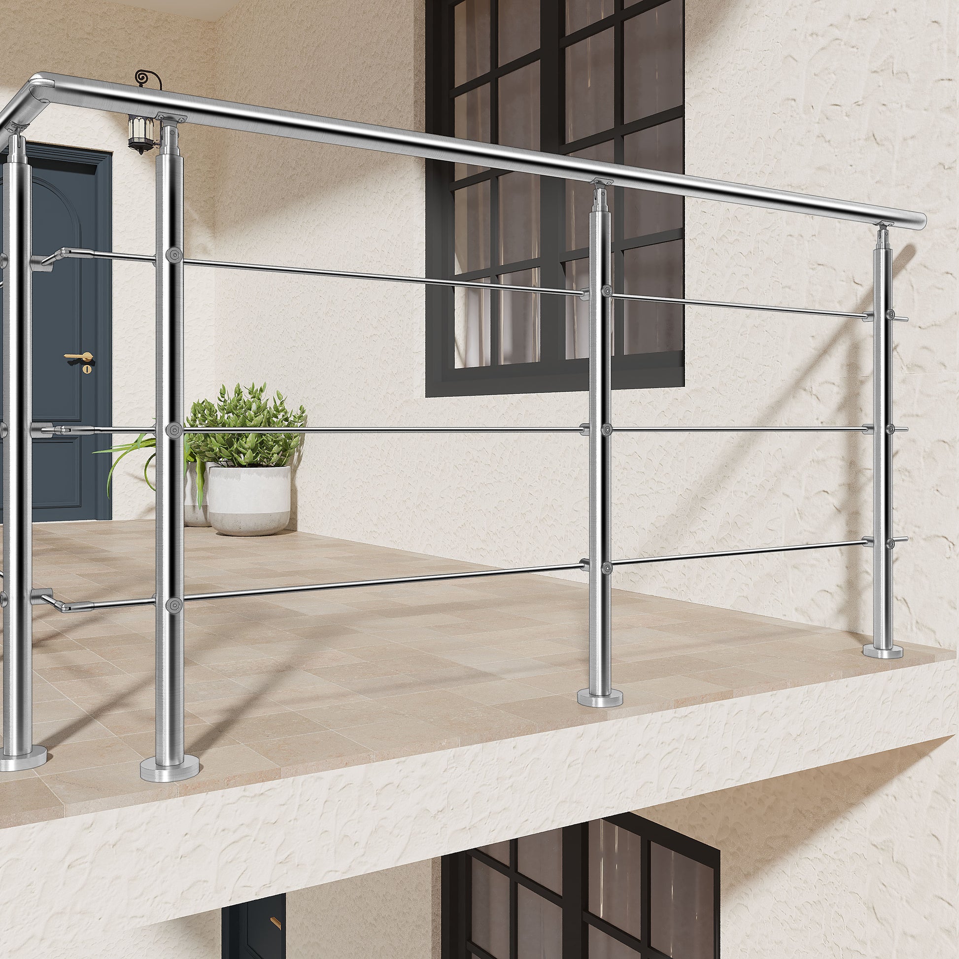 AICA Barandilla escalera de acero inoxidable 80/100/120/150/180/200/220/240 cm con 3 barras transversales para interior