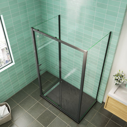Mampara de ducha corredera con estructura negra de 140 cm y doble panel lateral