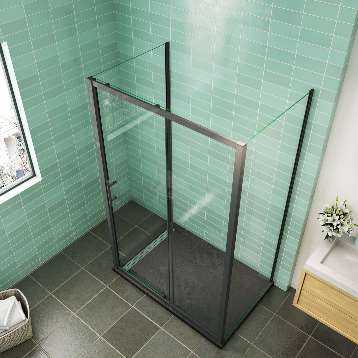 Mampara de ducha corredera con estructura negra de 130 cm y doble panel lateral