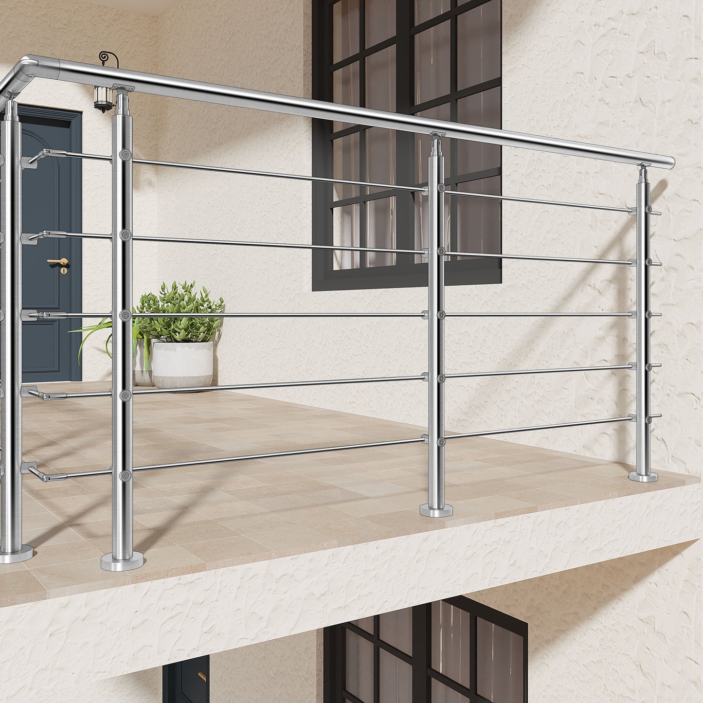 AICA Barandilla escalera de acero inoxidable 80/100/120/150/180/200/220/240 cm con 5 barras transversales para interior