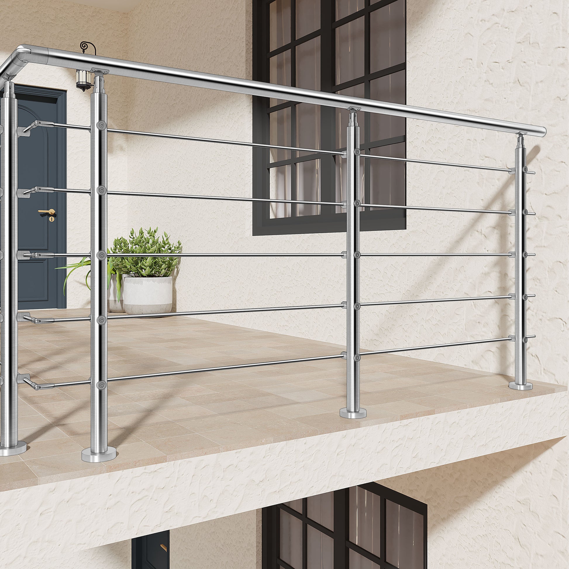 AICA Barandilla escalera de acero inoxidable 80/100/120/150/180/200/220/240 cm con 5 barras transversales para interior