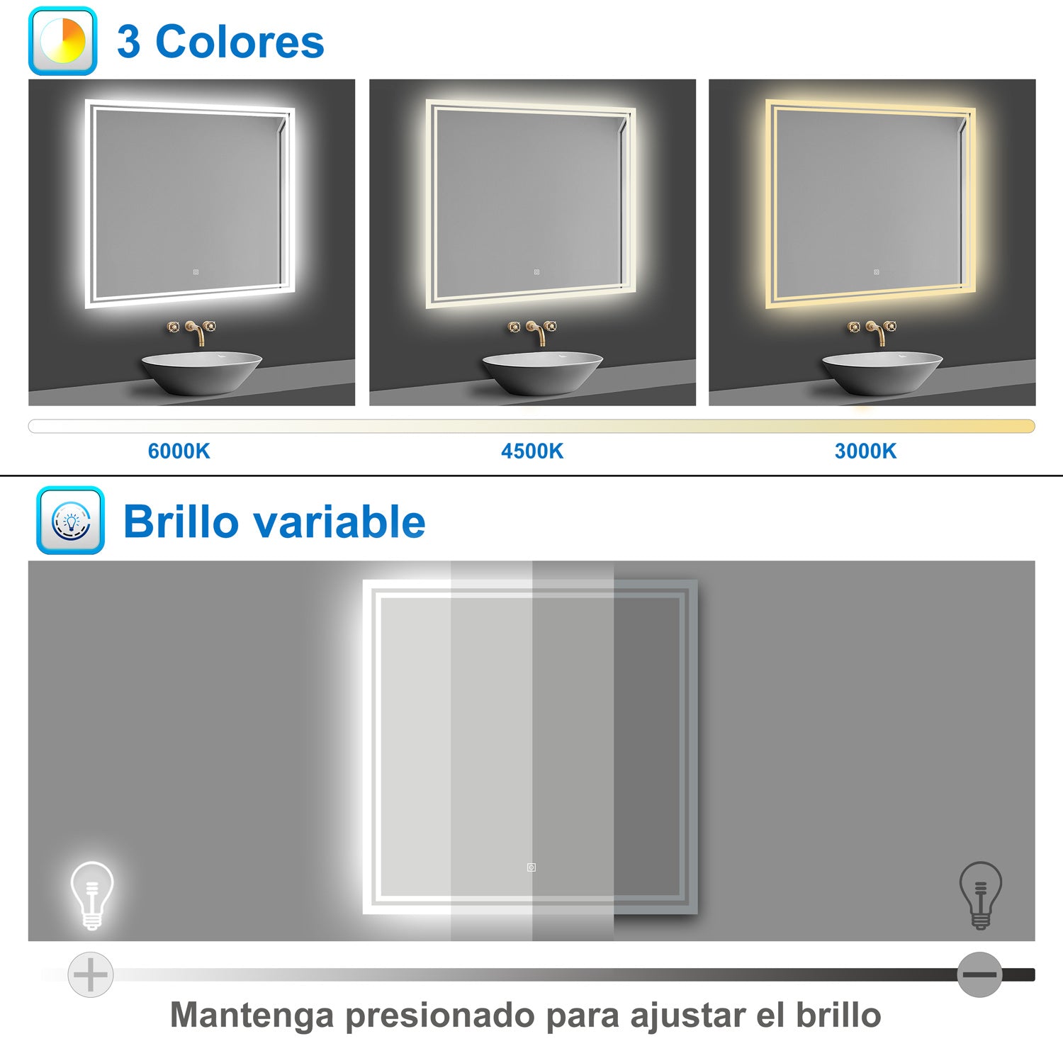 Aica Espejo de baño LED 80×80cm, antivaho, brillo regulable, función memoria