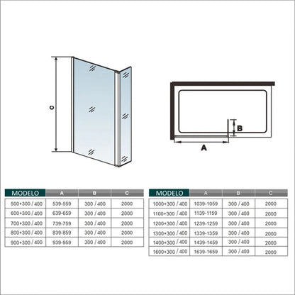 Mampara de ducha fija + lateral (50-160+30)x200cm - Oro Cepillado - Cristal templado 8mm antical - Barra 73-120/70-120/N-forma:90/F forma:90cm - Perfil aluminio dorado -Pivote negro