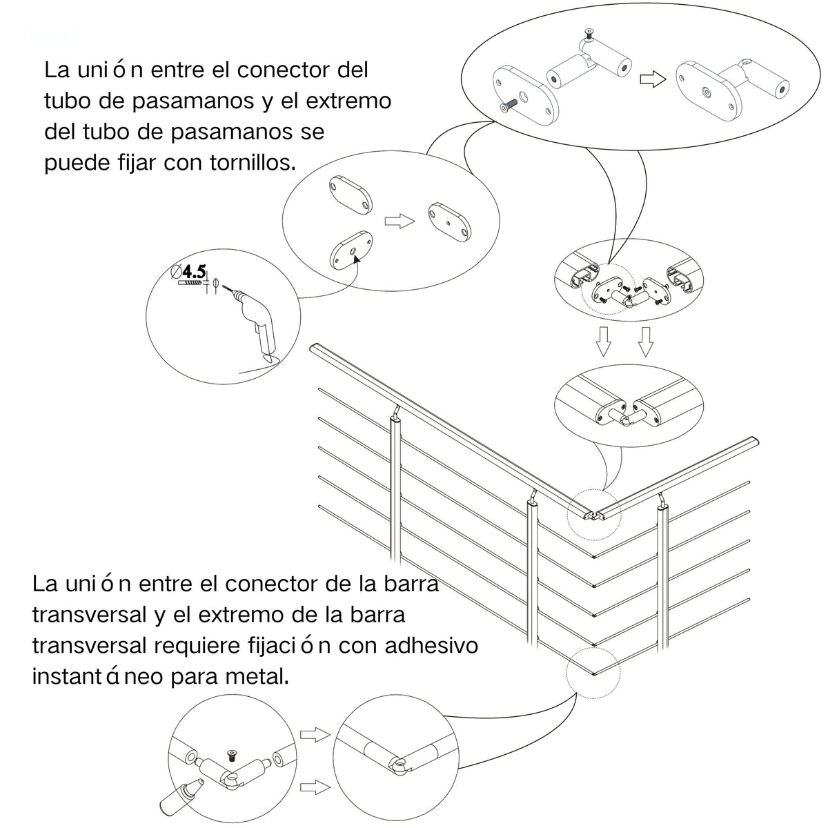 Kit de conexión universal para barandillas de aluminio, color negro mate o plata mate, válido para ángulos rectos y multidireccional
