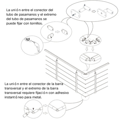 Kit de conexión universal para barandillas de aluminio, color negro mate o plata mate, válido para ángulos rectos y multidireccional