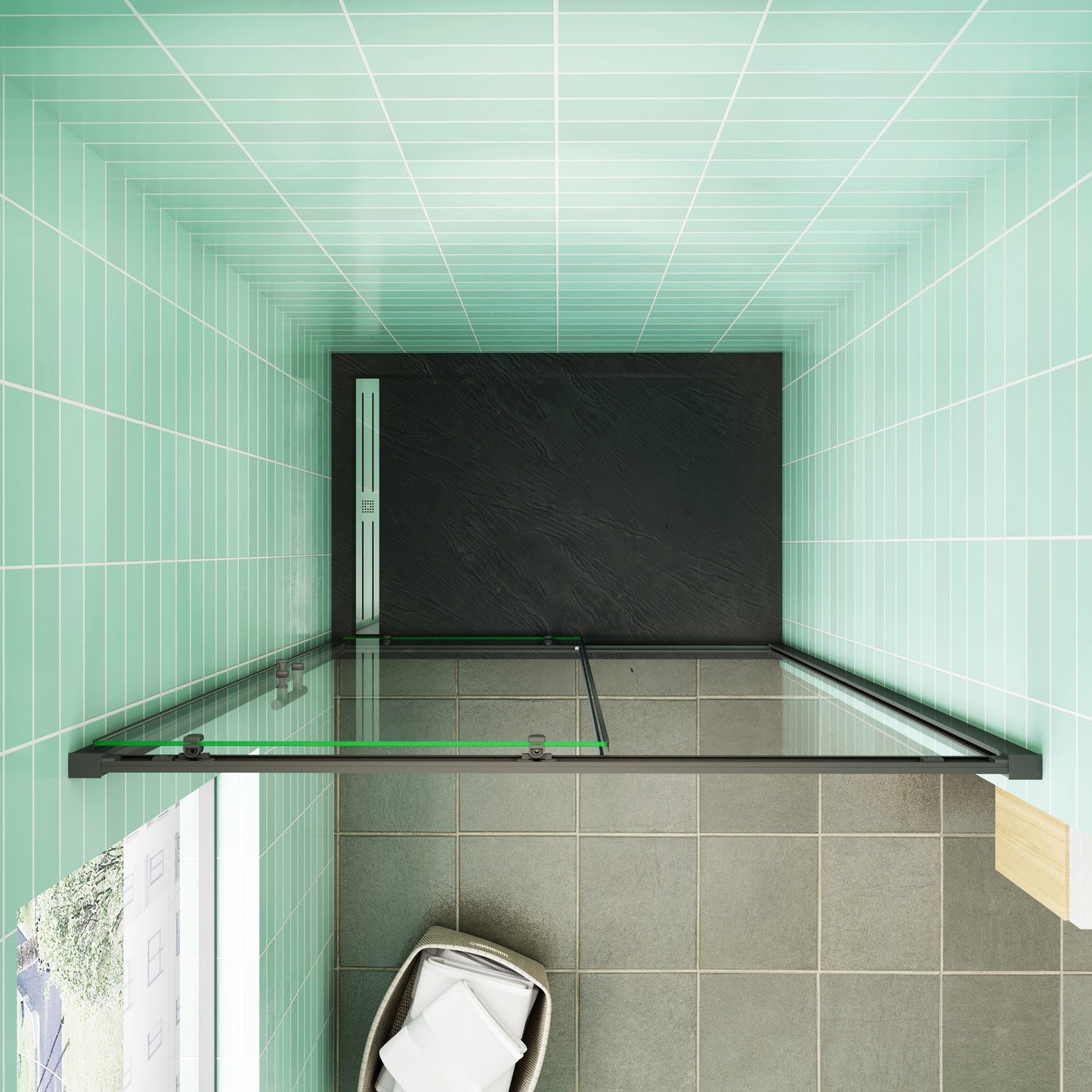 100x185CM  Mampara de ducha con marco negro y puerta de cristal
