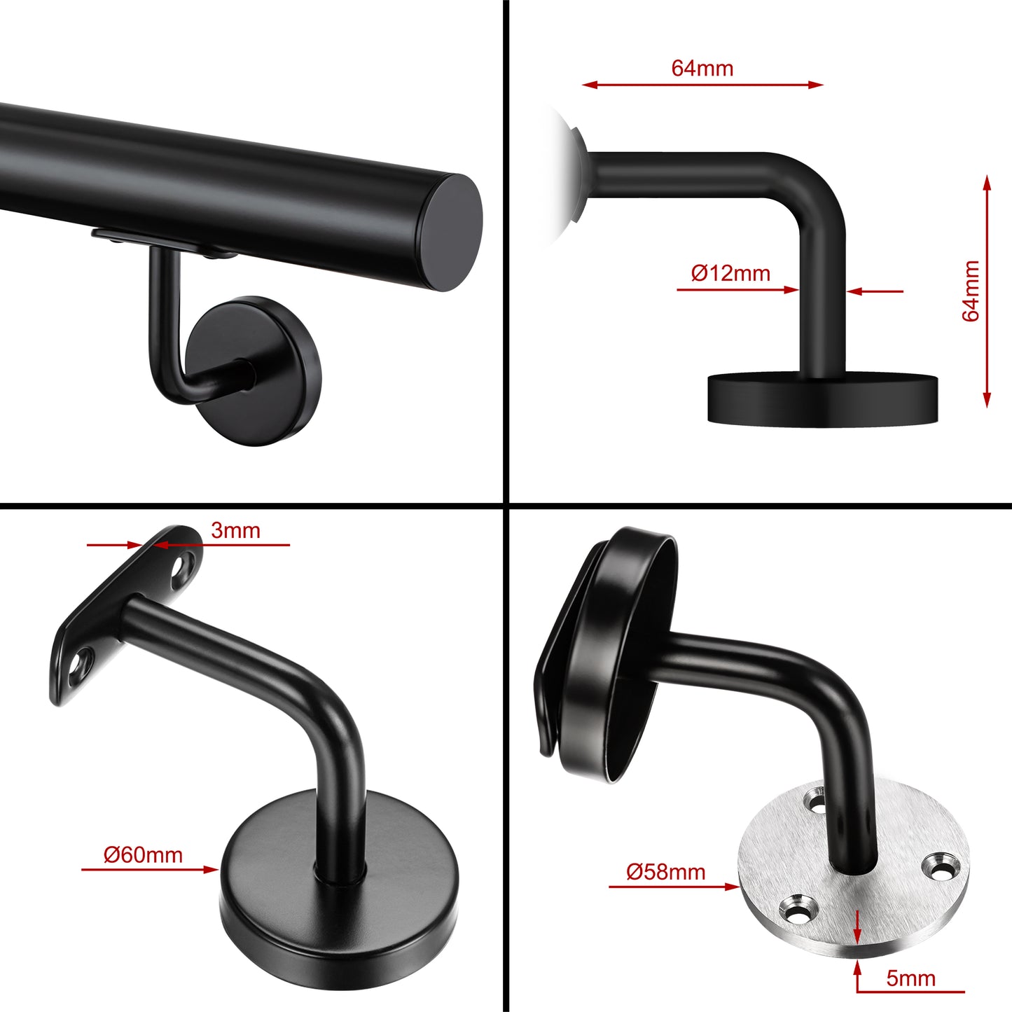 AICA Pasamanos de acero inoxidable 304 cepillado, 80/100/120/150/180/200/220/240 cm, Interior y Exterior#Negro