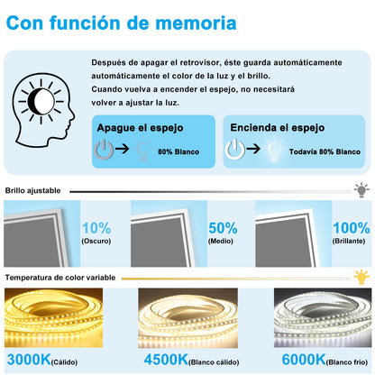 Aica Espejo de baño LED 80×80cm, antivaho, brillo regulable, función memoria