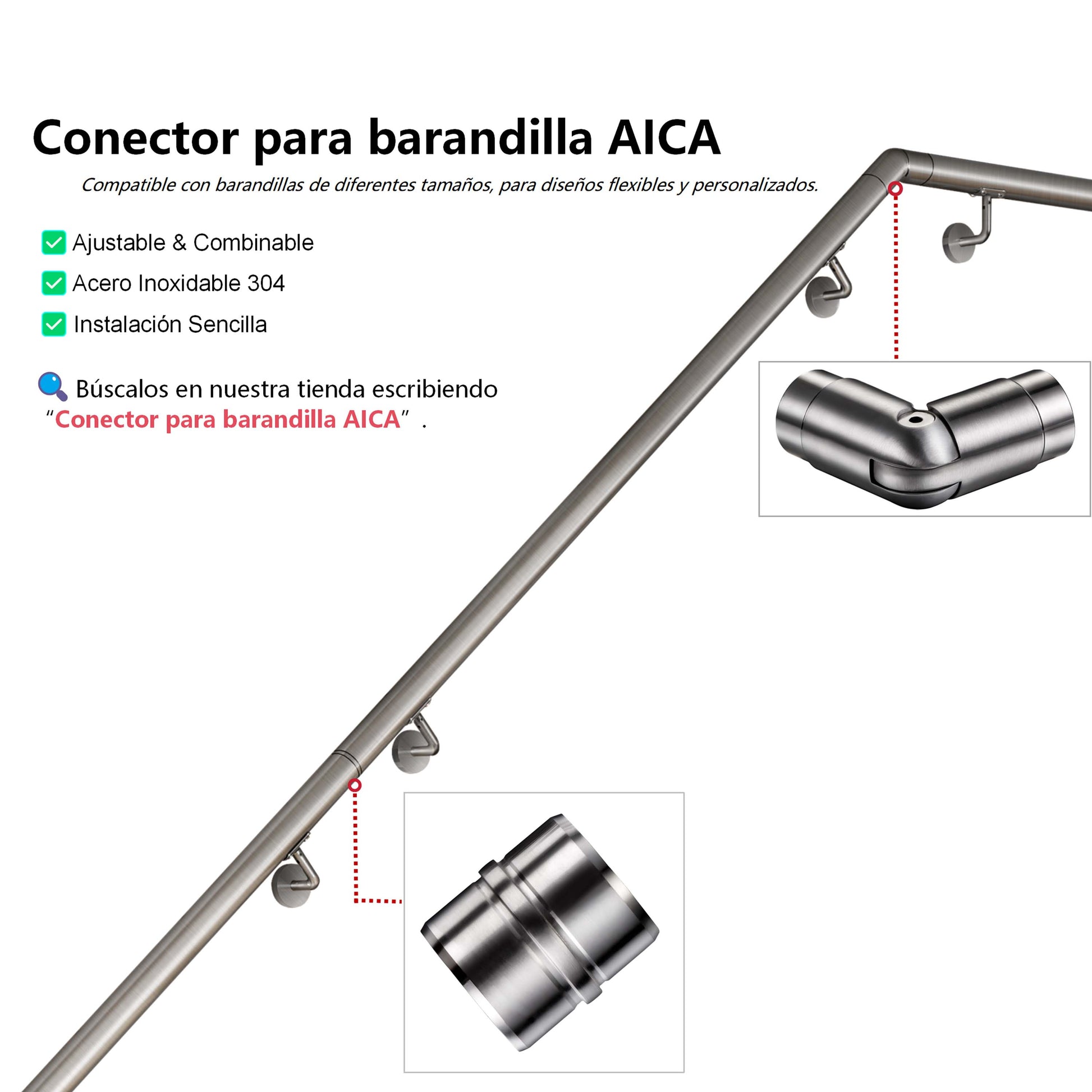 Pasamanos de escalera de acero inoxidable 304 para interior y exterior - 80/100/120/150/180/200 cm