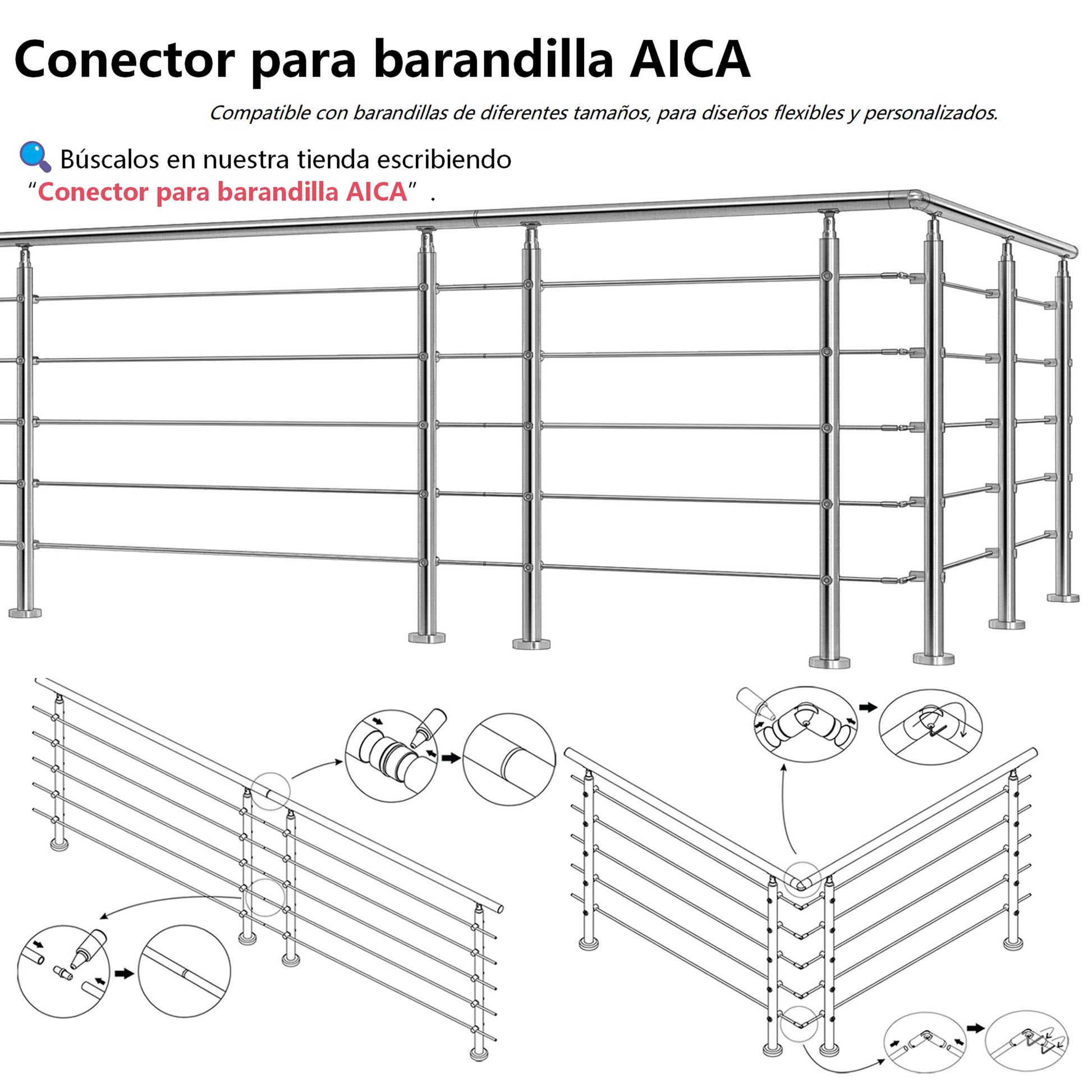 AICA Barandilla escalera de acero inoxidable 80/100/120/150/180/200/220/240 cm con 5 barras transversales para interior