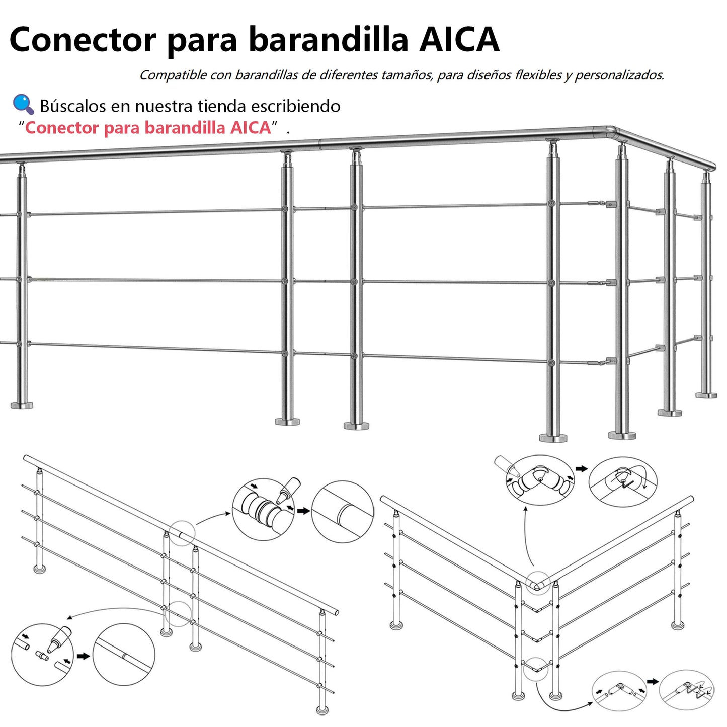AICA Barandilla escalera de acero inoxidable 80/100/120/150/180/200/220/240 cm con 3 barras transversales para interior