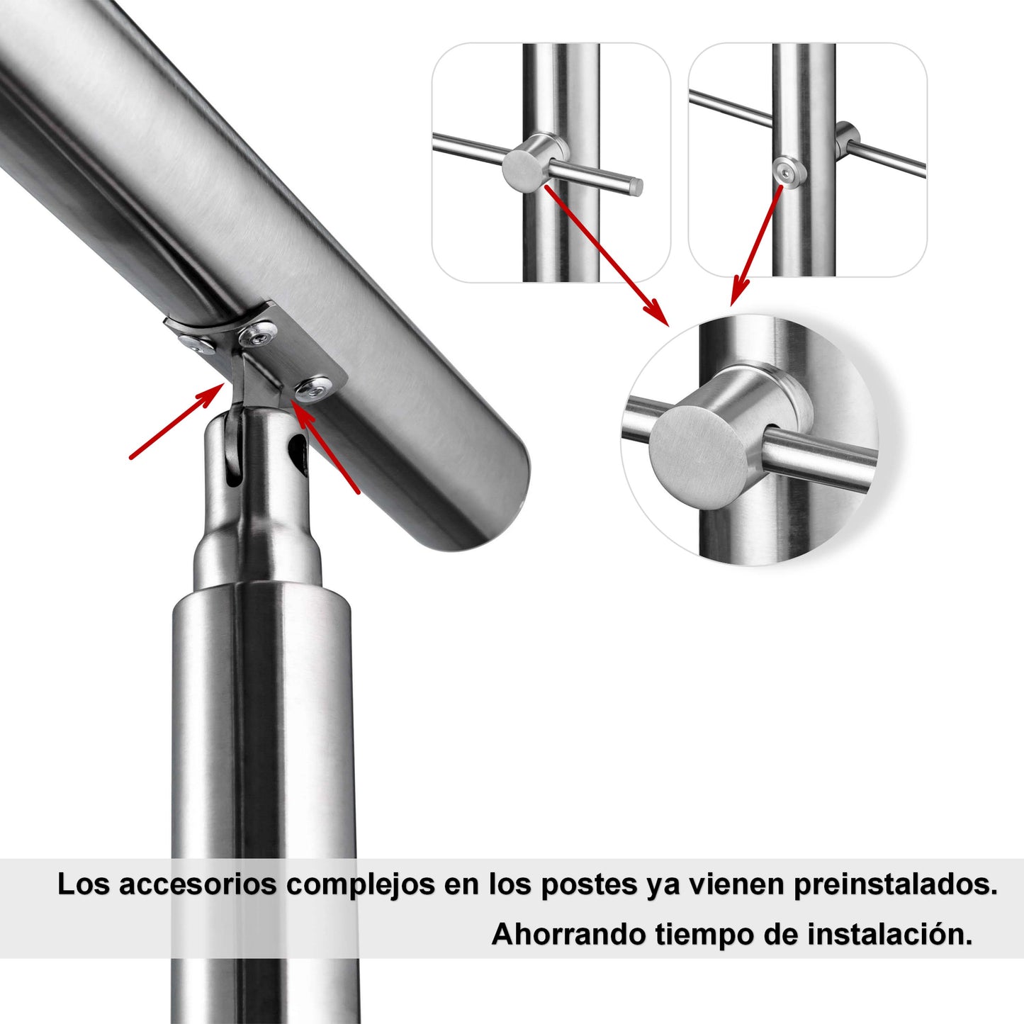 AICA Barandilla escalera de acero inoxidable 80/100/120/150/180/200/220/240 cm con 3 barras transversales para interior