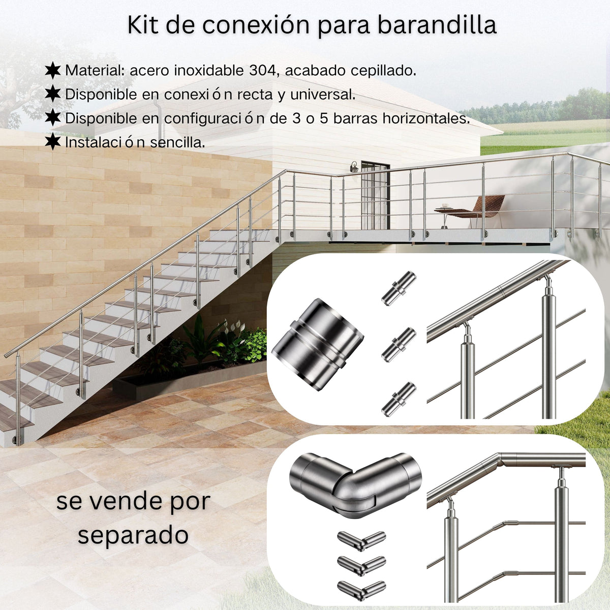 Barandilla Acero Inoxidable 304 Montaje Lateral 3 Travesaños