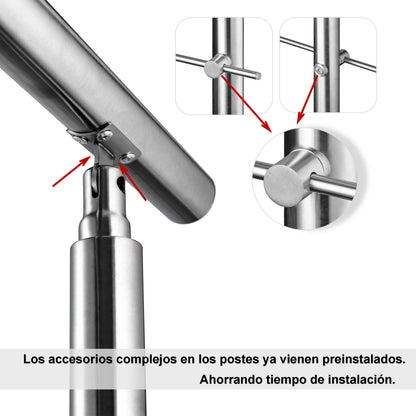 AICA Barandilla escalera de acero inoxidable 80/100/120/150/180/200/220/240 cm con 5 barras transversales para interior