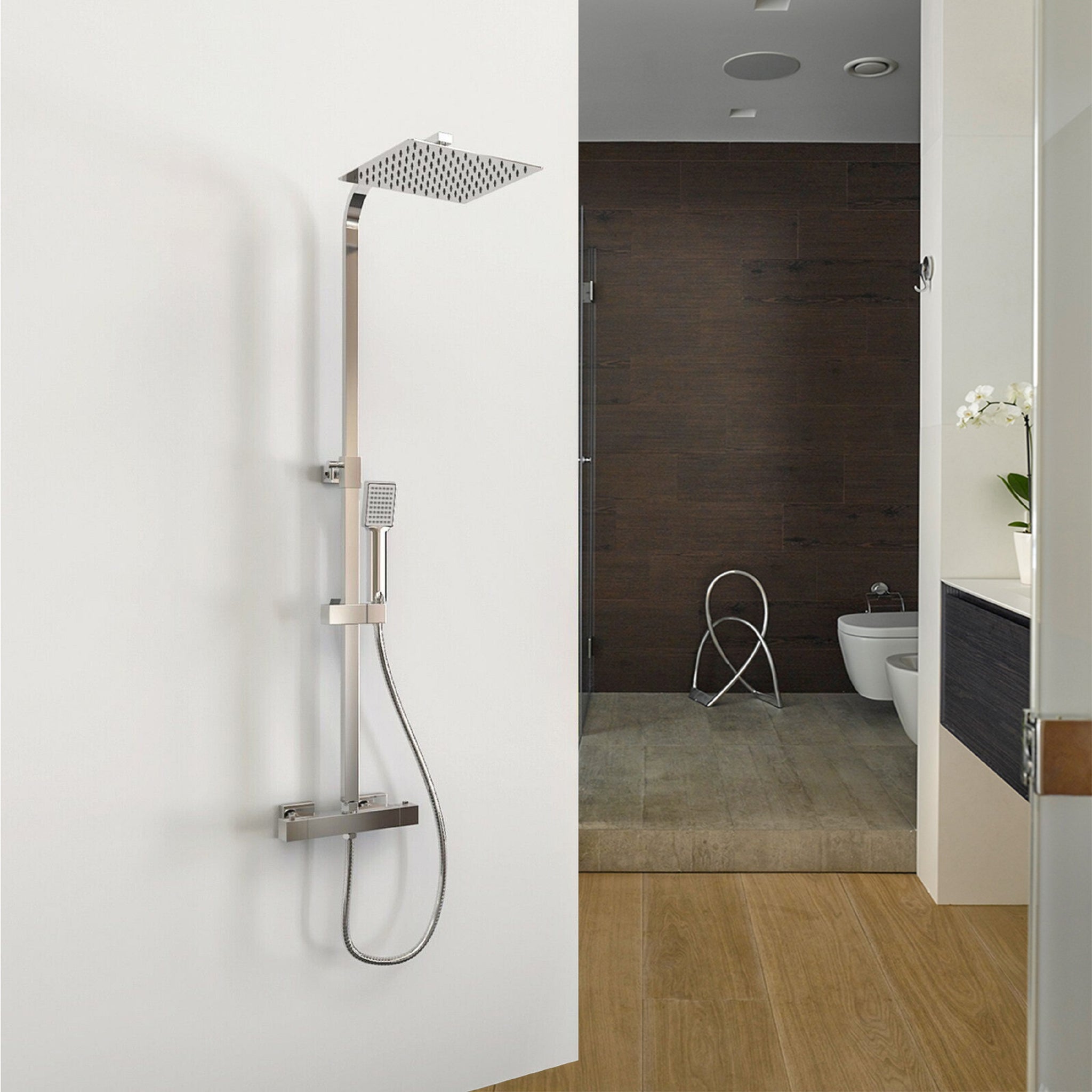 Columna Ducha termostática 38?, Válvula de termostato cromada, Ducha de Baño, alcachofa grande cuadrada con manguera en Cromo de acero inoxidable, Aica Ducha Lluvia