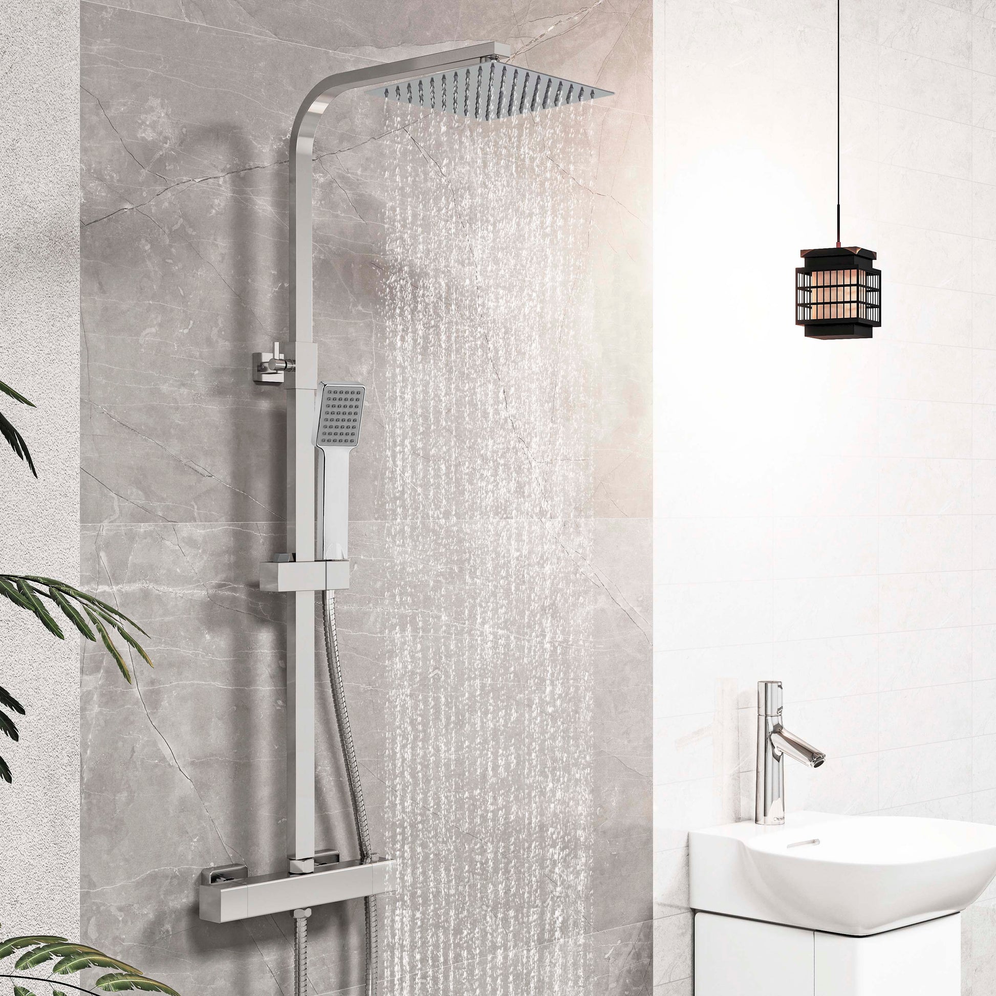 Columna de Ducha Termostática Plata Brillante con Barra Ajustable y Rociador Superior Acero Inoxidable Diseño Sencillo para Baño Aica Sanitarios