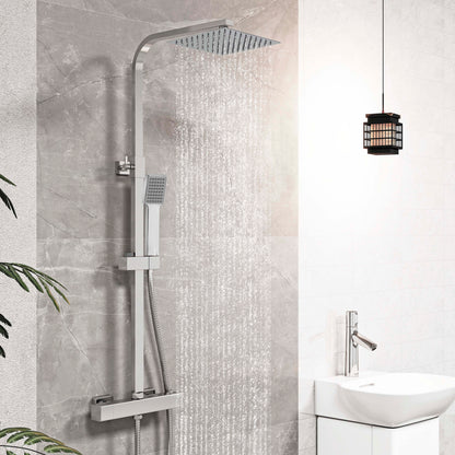 Columna de Ducha Termostática Plata Brillante con Barra Ajustable y Rociador Superior Acero Inoxidable Diseño Sencillo para Baño Aica Sanitarios