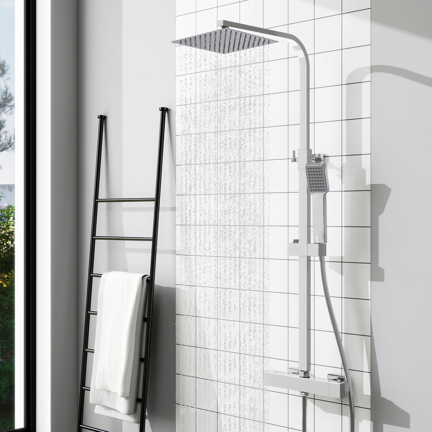 Columna de Ducha Termostática Plata Brillante con Barra Ajustable y Rociador Superior Acero Inoxidable Diseño Sencillo para Baño Aica Sanitarios