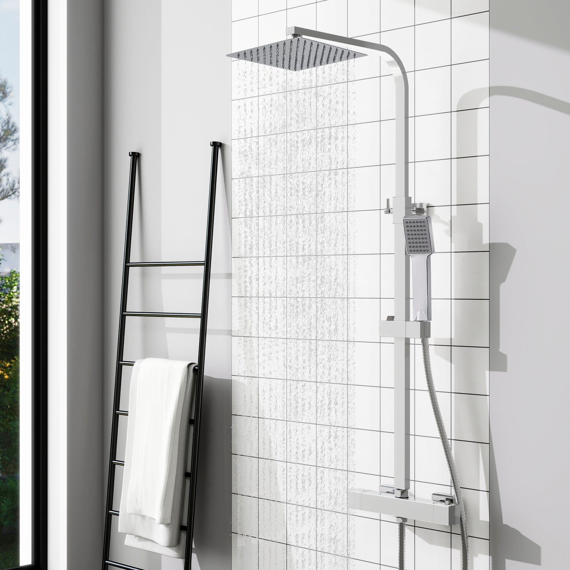 Columna de Ducha Termostática Plata Brillante con Barra Ajustable y Rociador Superior Acero Inoxidable Diseño Sencillo para Baño Aica Sanitarios