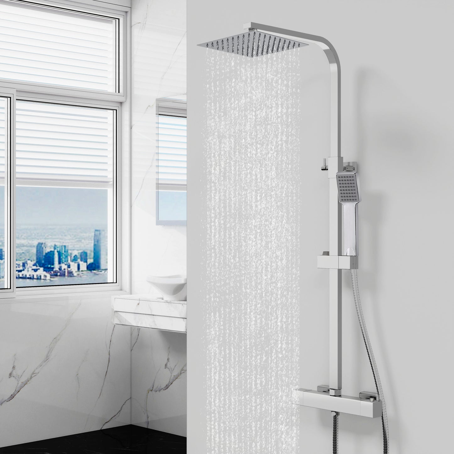 Columna de Ducha Termostática Plata Brillante con Barra Ajustable y Rociador Superior Acero Inoxidable Diseño Sencillo para Baño Aica Sanitarios