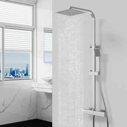 Columna de Ducha Termostática Plata Brillante con Barra Ajustable y Rociador Superior Acero Inoxidable Diseño Sencillo para Baño Aica Sanitarios
