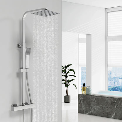 Columna de Ducha Termostática Plata Brillante con Barra Ajustable y Rociador Superior Acero Inoxidable Diseño Sencillo para Baño Aica Sanitarios