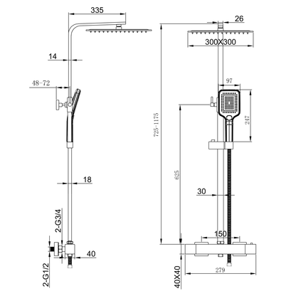 Aica Columna de Ducha con termostato y alcachofa cuadrada 30x30cm rociador superior plata brillante barra regulable
