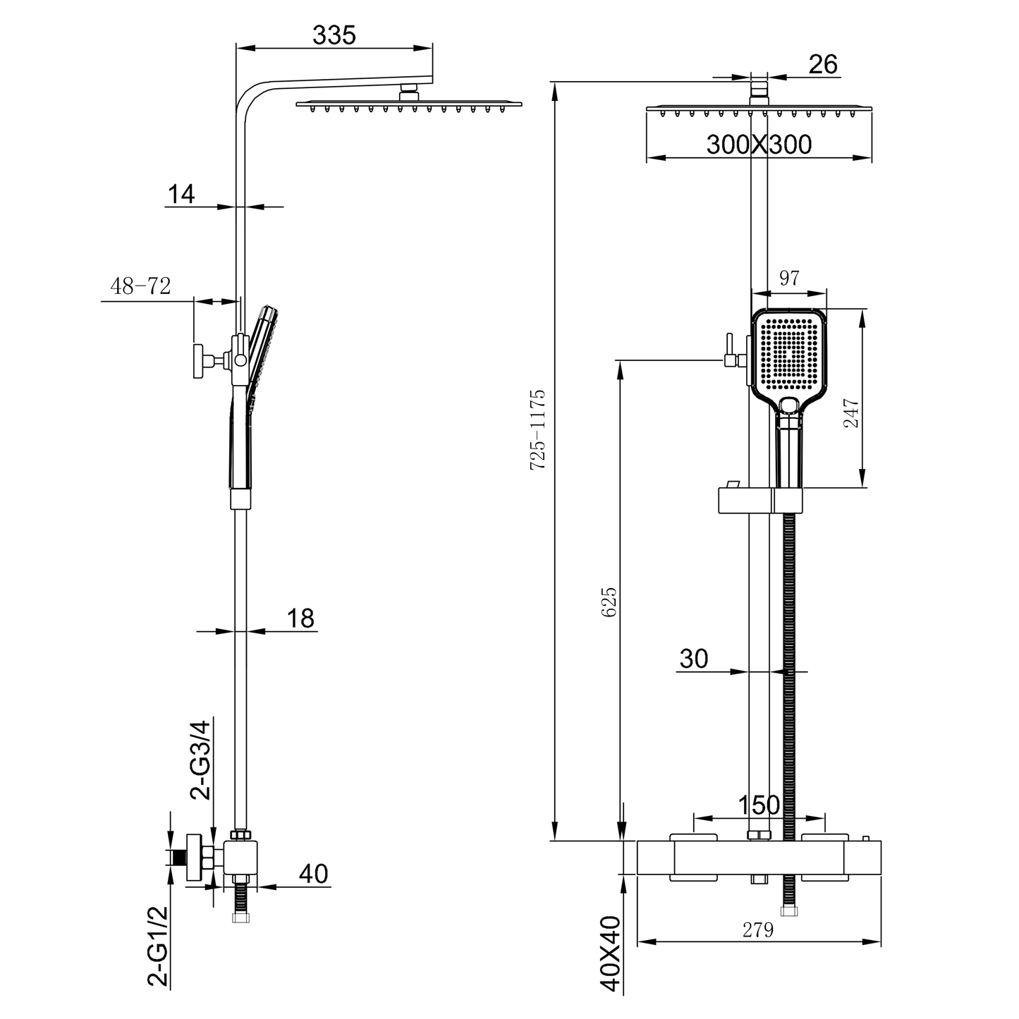 Aica Columna de Ducha Alcachofa Cuadrada con Termostato 30x30cm Rociador Superior Negro Mate Barra Regulable