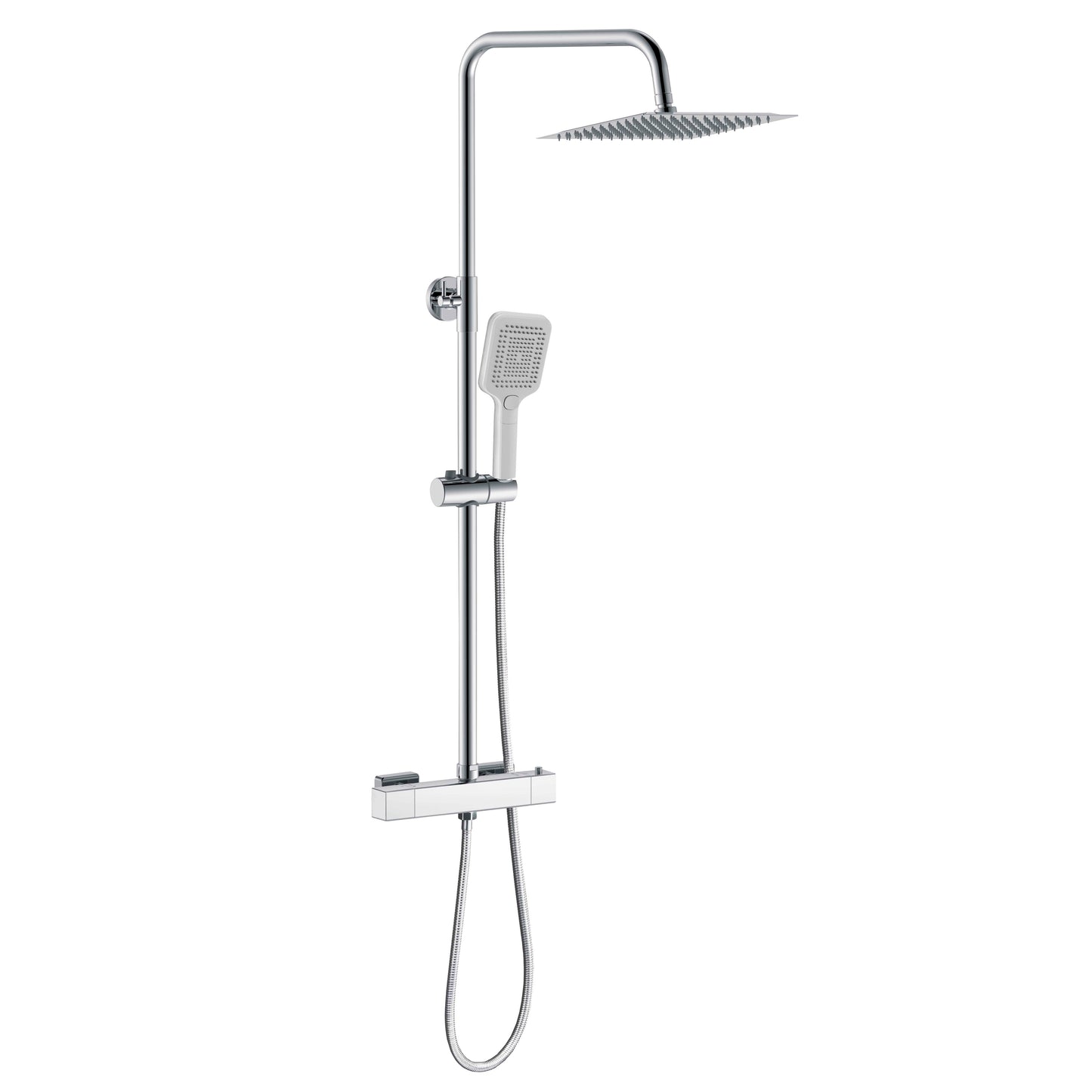 Aica Columna de Ducha con termostato y alcachofa cuadrada 30x30cm rociador superior plata brillante barra redonda