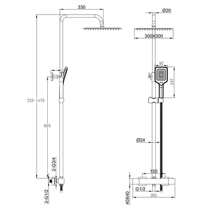 Aica Columna de Ducha con termostato y alcachofa cuadrada 30x30cm rociador superior plata brillante barra redonda