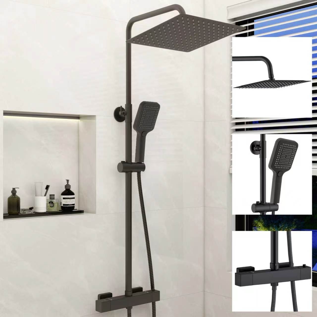 Rociador de Ducha de Baño Cuadrado Negro con Accesorios,Aica Columna de Ducha Termostática 38