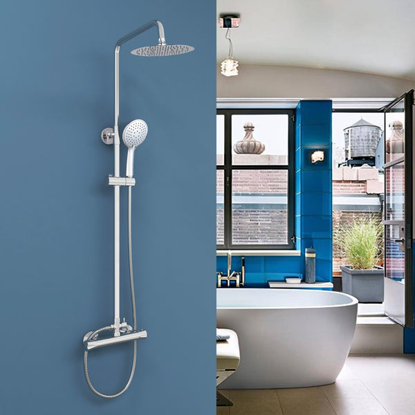Ducha de baño, Columna extensible y Alcachofa flexible, termostato con manguera en cromo, Ducha Lluvia, Regulable barra cromada cuadrada en acero inoxidable, Aica 85-125cm