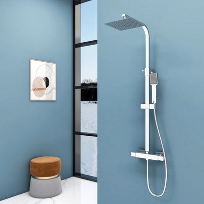 Aica Sanitarios Columna de Ducha Termostática, Cuadrado Rociador Superior Plata, Ducha Lluvia de Baño, Barra ajustable 80-120cm con soporte deslizante