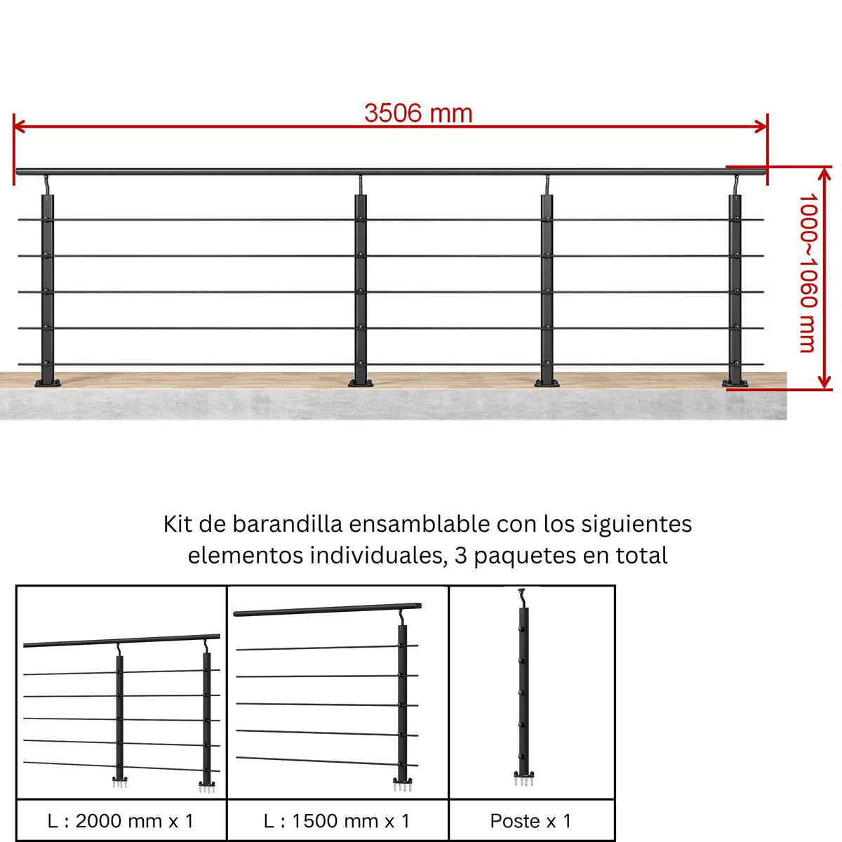 Barandilla aluminio negro mate / plateado mate, modulable 100‑500 cm, interior‑exterior, fijación al suelo Negro mate 350 cm